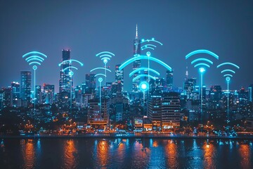 Obraz premium Close-up urban scene with wifi towers and river