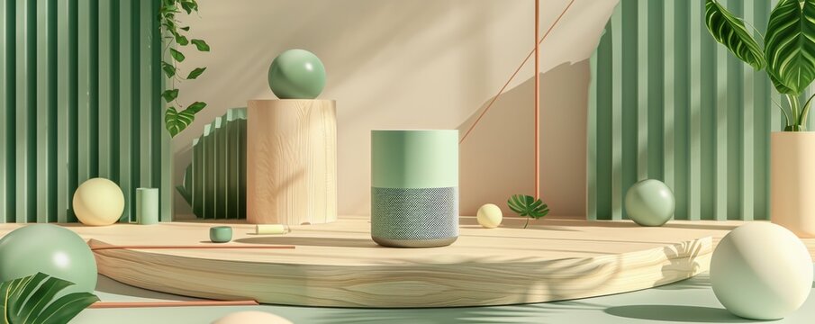 Modern green-themed interior with Sonos One speaker and decorative elements