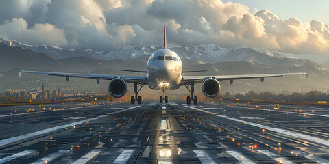 An airplane takes off from the end of the runway