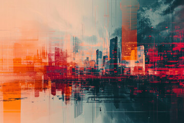 Obraz premium Futuristic Urban Cityscape with Abstract Digital Overlay, Modern Skyscrapers Reflecting in Water, Vibrant Red and Orange Hues, High-Tech Metropolis, Concept of Future Technology and Innovation
