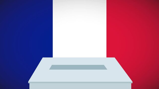 2024 French legislative elections. Voting paper falls into a box during elections in France in front of flag. Animated illustration