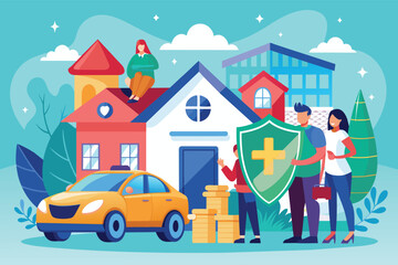 A family is depicted moving into their new home, with a large insurance shield symbol protecting them, emphasizing the importance of insurance for new homeowners.