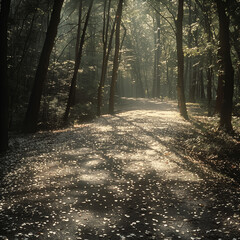 Obraz premium A pine forest shrouded in thick fog: A pine forest on a high mountain is enveloped in a dense fog, obscuring the surrounding scenery. The air is cool and misty, creating an air of mystery.