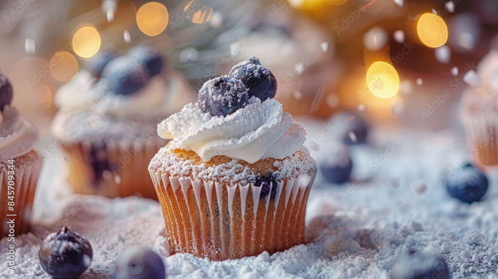 Wall mural blueberry Cupcake on the table