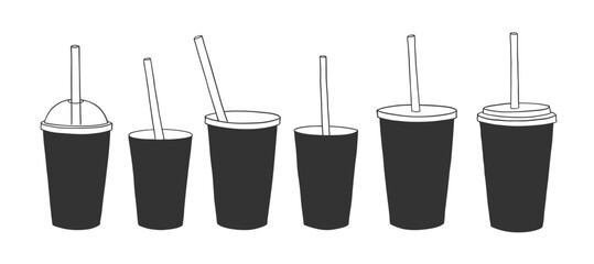Vector illustration set of line art disposable coffee and tea paper and plastic cups