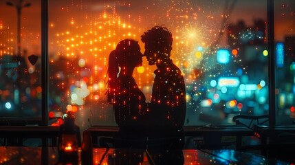 A romantic couple stands silhouetted against a window with a city lights background. The couple is facing each other, embracing, creating a sense of intimacy and connection.