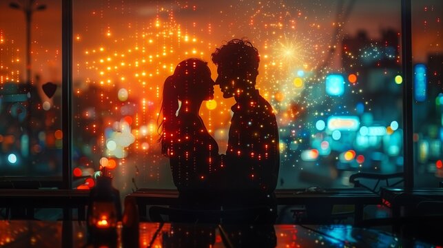 A romantic couple stands silhouetted against a window with a city lights background. The couple is facing each other, embracing, creating a sense of intimacy and connection.