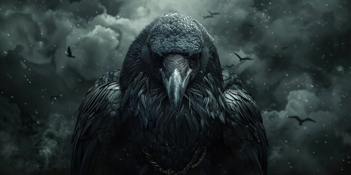 in modern illustrations pagan norse design with raven sword and runes on a black background