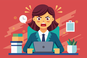 A frustrated businesswoman sits at her desk, working on her laptop. She appears stressed, with her mouth open as if shes shouting. The clock on the wall shows that its almost time for a deadline.