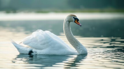 Fototapeta premium Close up photograph of a solitary white swan gracefully swimming in a lake