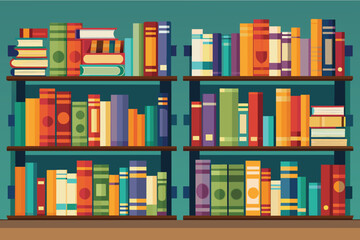 An illustration of wooden bookshelves with stacks of colorful books, set against a turquoise wall.