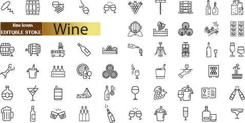 Wine icon set with editable stroke and white background