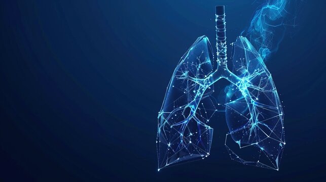 wireframe low poly lung on dark blue background, radiology and medicine, innovation and medical technology concept