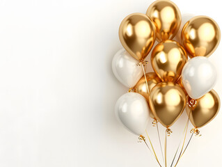 Golden balloons on a white background with text space
