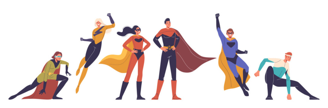 Dynamic Group Of Superheroes Posing Confidently In Various Stances. Diverse Super Heroes Male And Female Characters