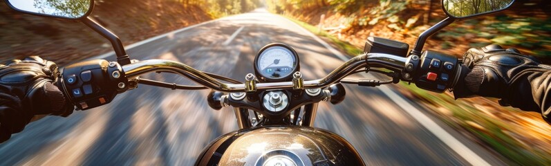 Fototapeta premium Motorcycle driving down a road with trees and bushes in the background