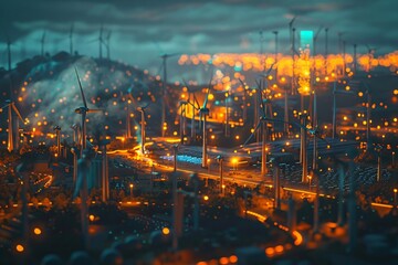 Fototapeta premium Cityscape with wind turbines and green light