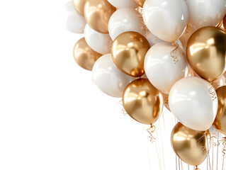 Golden balloons on a white background with text space