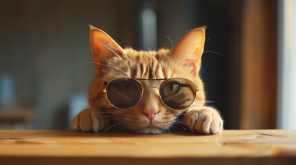 A ginger cat peeking over the edge of a table, its sunglasses hinting at a secret mission.
