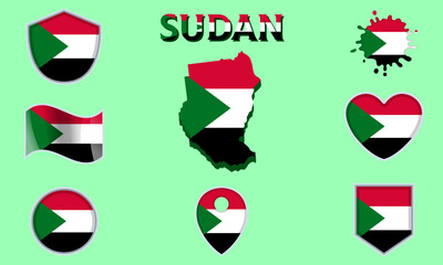 Collection of flat national flags of Sudan with map