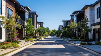 A recently constructed row of three-story single-family homes faces Panorama Park in Richardson, North Dallas. Modern urban housing design near a broad road with adjacent private courtyards