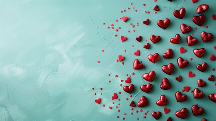Red hearts spread on blue surface