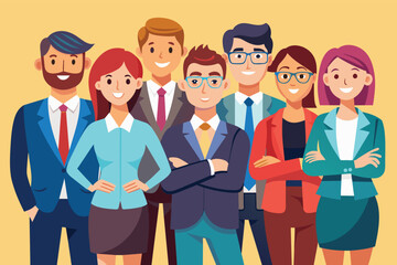 A cartoon illustration of a diverse group of business professionals standing together in a team. They are all smiling and looking confident.