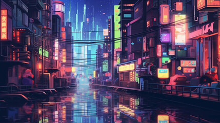 illustration night city in Japan, AI-generated