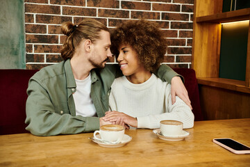 A man and woman, both African American, seated at a cafe table enjoying cups of coffee together.