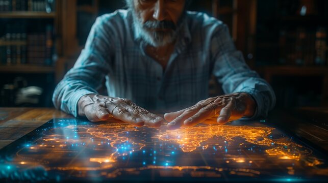 A man with a long beard interacts with a holographic world map during a financial consultation, possibly reviewing global market trends.