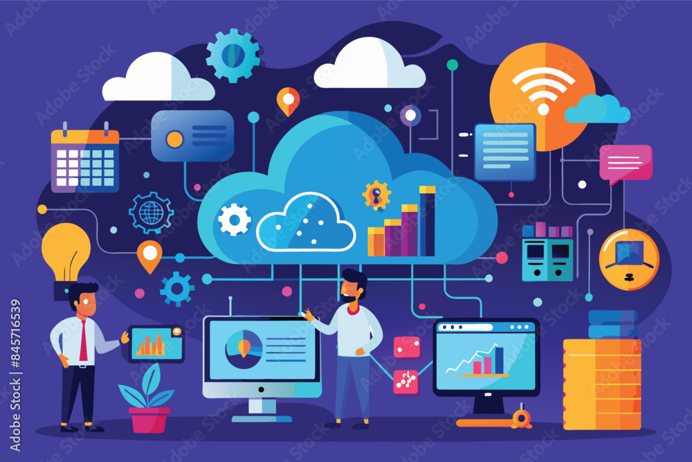 Poster illustration depicting two men working on data analytics and cloud computing. one man points at a co