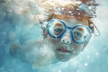 Naklejka premium A young boy wearing goggles swims underwater