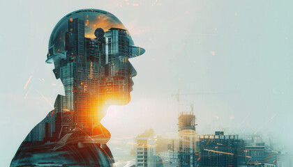 Future building construction engineering project concept with double exposure graphic design. Building engineer, architect people or construction worker working with modern civil equipment 