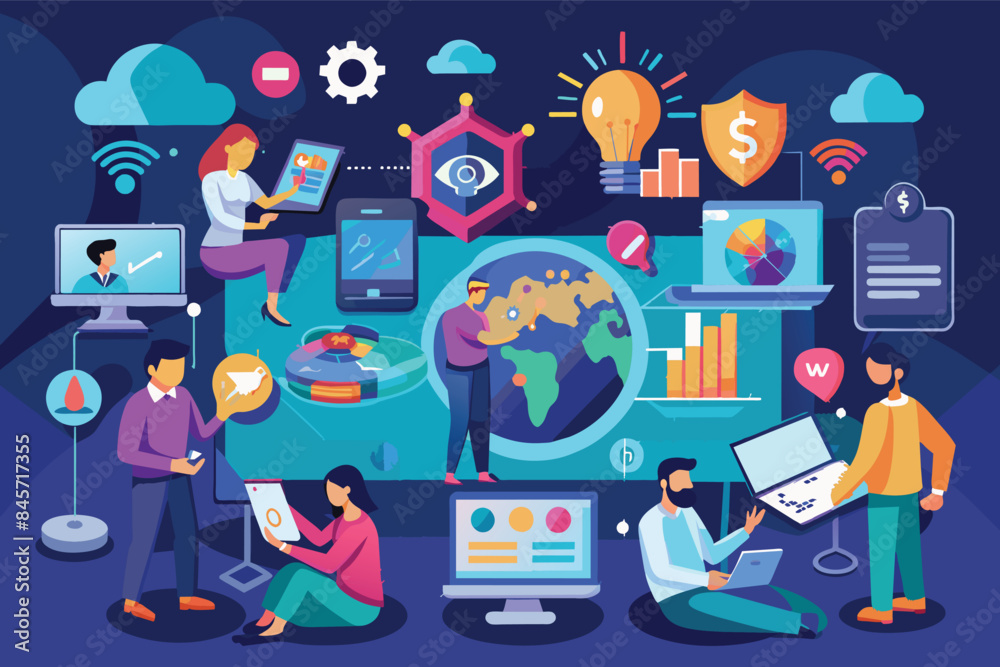 Poster an illustration depicting a diverse group of individuals working on innovative technology projects a