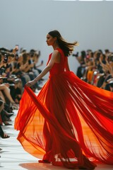 A woman walks confidently down a catwalk, wearing a stunning red dress