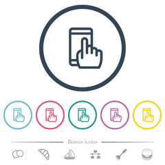 Touching mobile device outline flat color icons in round outlines