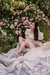 Woman and pink roses