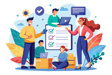 A team of four people are working together on a checklist to ensure successful project completion.