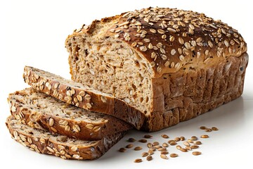 Freshly baked multigrain bread loaf with slices and seeds on white background, healthy homemade bakery product for breakfast or snack, white background