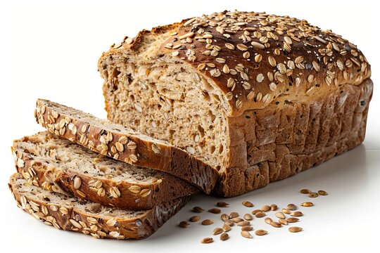 Freshly baked multigrain bread loaf with slices and seeds on white background, healthy homemade bakery product for breakfast or snack, white background