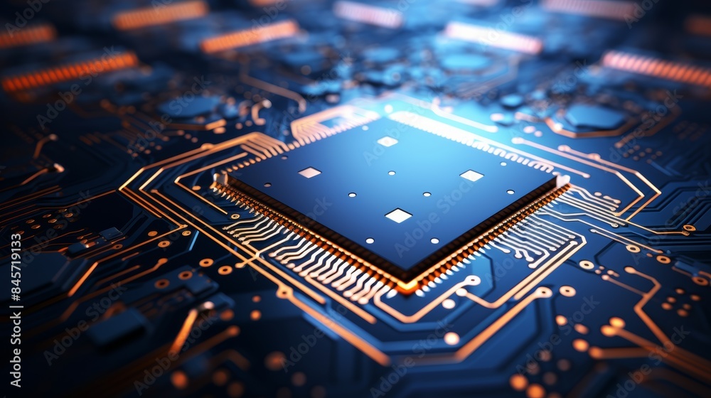 Poster close-up of a microchip showcasing intricate circuitry and cutting-edge technology
