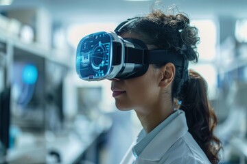 Woman using virtual reality headset in modern laboratory