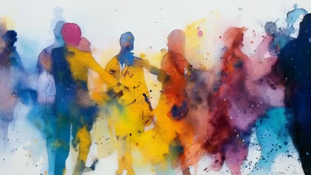 A vibrant, abstract painting depicting a group of diverse people walking. The watercolor artwork uses various bright colors, giving a sense of motion and unity among the figures.