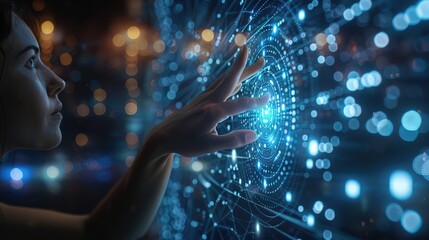 Human AI touching big data. Big data and information technology concept