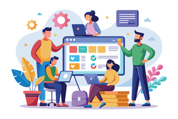A team of five individuals work collaboratively on a web design project, using laptops and a large monitor to view a website layout.