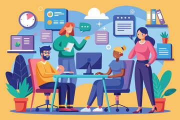 An illustration of a team of four individuals, diverse in gender and race, working together in a modern office space.