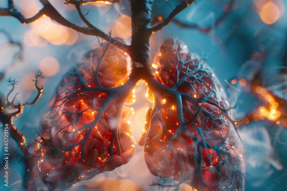 Poster A close-up view of a tree with string lights wrapped around its branches, lit up at night