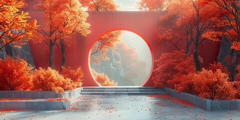in natural daylight an abstract autumn scene consists of geometrical forms an arch with a podium and a background made from d renders