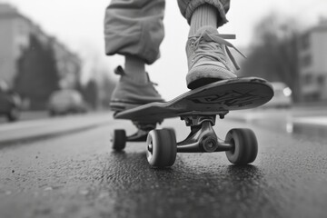 Obraz premium A person is riding a skateboard down a busy city street, providing a sense of movement and energy