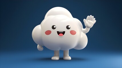 3d render, kawaii cloud character waving hand, mascot isolated on blue background. Excitement emotion. Cute illustration. Facial expression. Happy little guy looking at camera. Weather forecast icon
